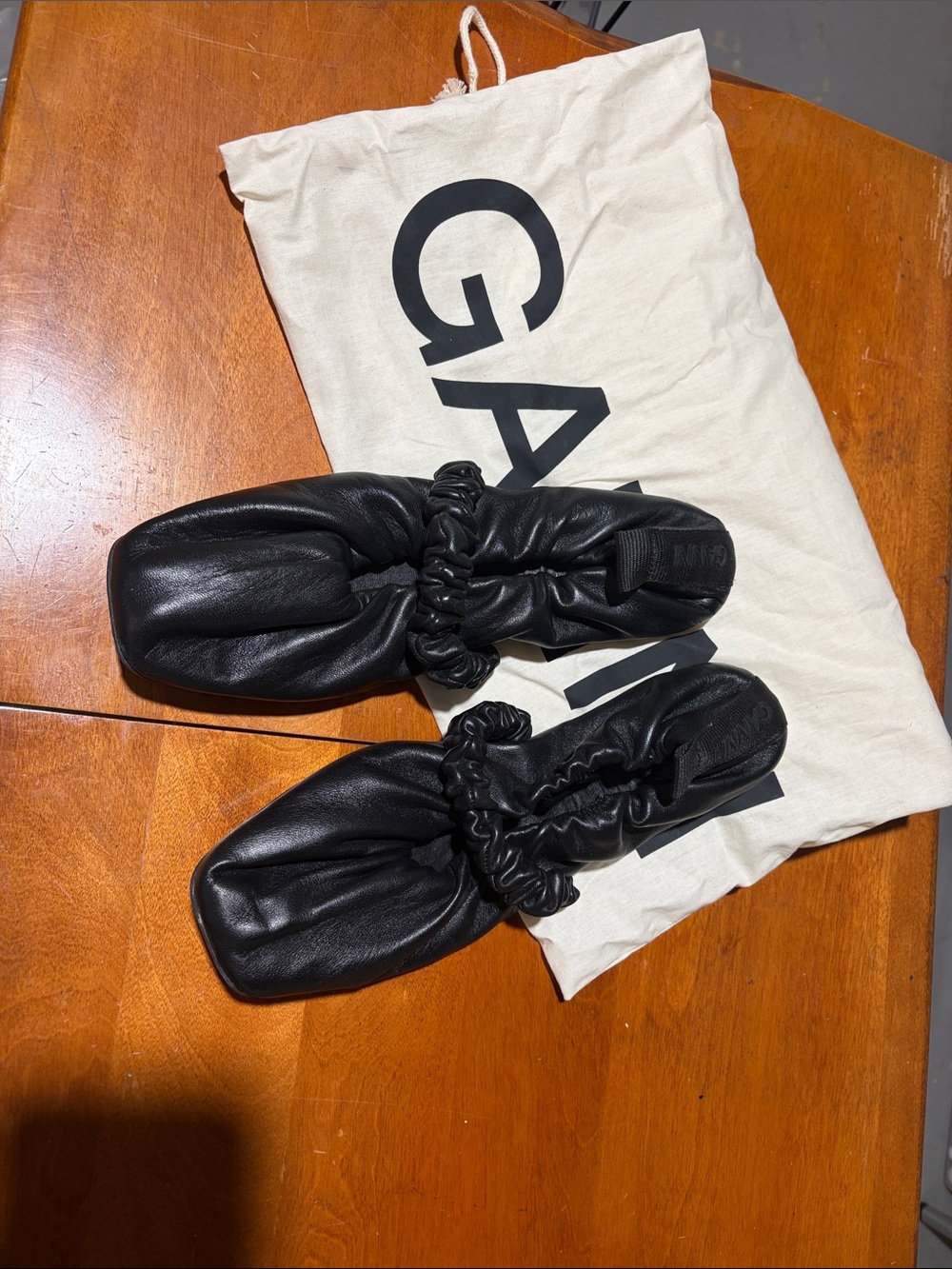 Ganni Black Ruched Leather Square-Toe Slides